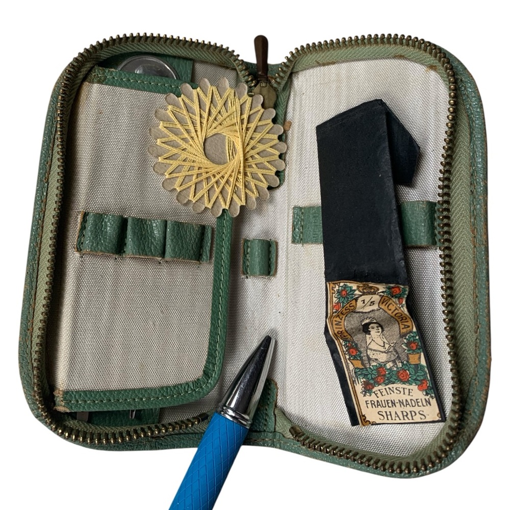 Antique Sewing Kit Zip Up Green Leather with Sewing Notions Needles Thread